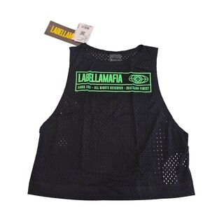 Labellamafia Black Mesh Crop Tank Top Neon Green Graphic Small NWT 23634